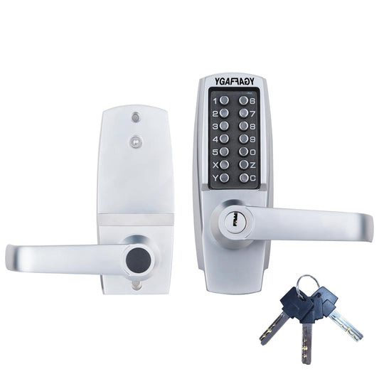 Mechanical Entry Door Lock, 14 Digital keypad,Weatherproof deadbolt with Handle, Security Heavy Duty Outdoor Lock Without Electronic, Easy Installation, for Home, Yard-gate, Office, Chrome