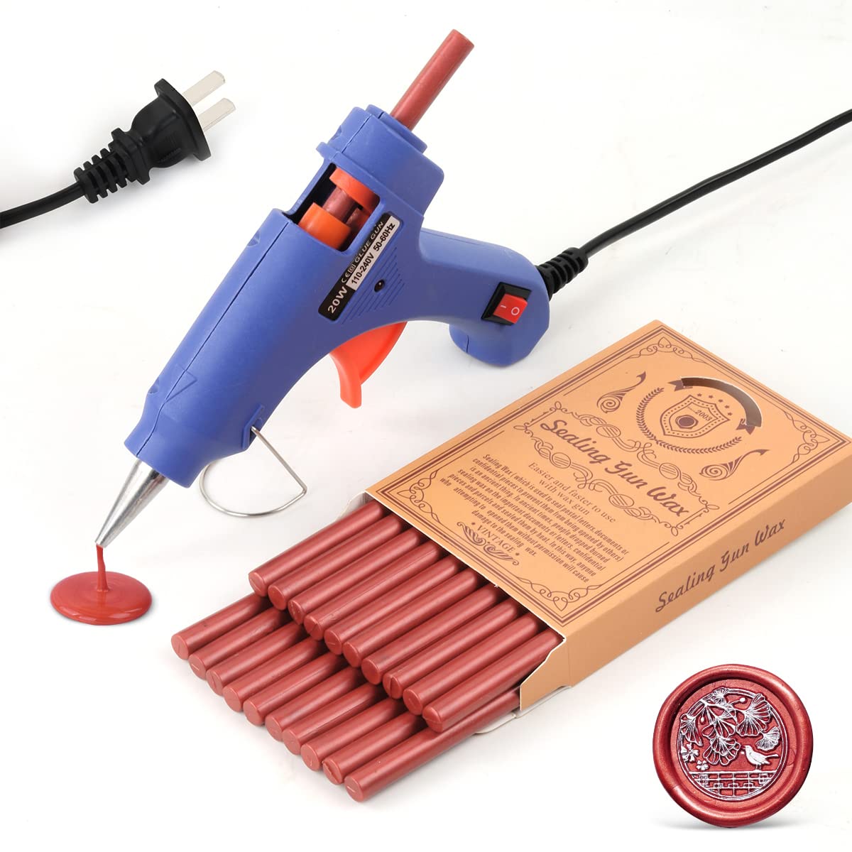 Wax Seal Kits, Wasole 20Pcs Wine Red Sealing Wax Sticks with 1 Pieces Glue Gun Set for Wax Seal Stamp, Great for Wedding Invitations, Birthday Cards, Envelopes, Gift Wrapping (Wine Red)