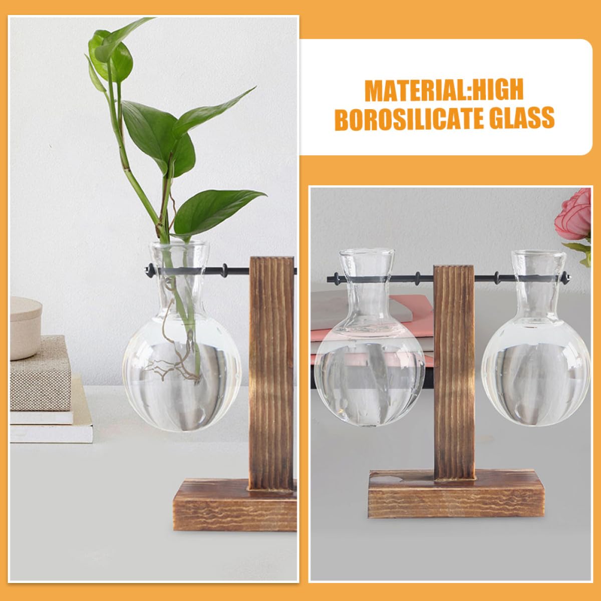 DRESSOOS 3pcs Glass Hydroponics Vase with Wooden Stand, High Borosilicate Plant Propagation Station for Desktop Terrarium and Home Garden Décor