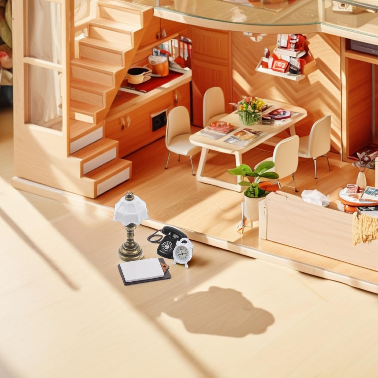 Garneck Miniature Dollhouse Accessories Kit: Tiny Phone Alarm Clock Table Lamp Writing Pad Furniture Decor for Doll House Scenes Library Office Living Room DIY Craft Mini Home Ornament