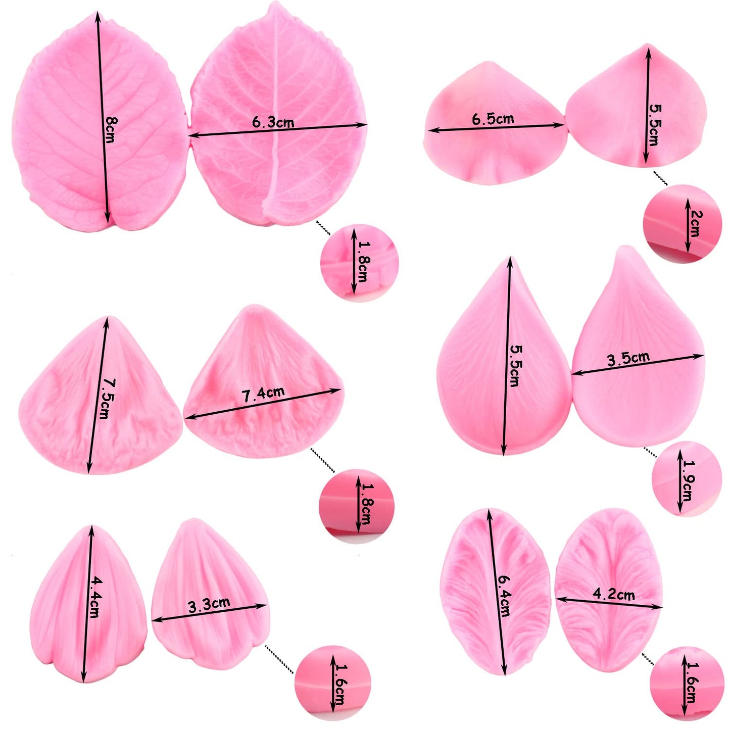 ZiXiang Gumpaste Flower Silicone Veining Mold Rose Veined Fondant Molds Gum Paste Peony Flower Mold Plumeria Daisy Orchid Molds For Sugar Craft Cake Decorating Candy Polymer Clay Set Of 6