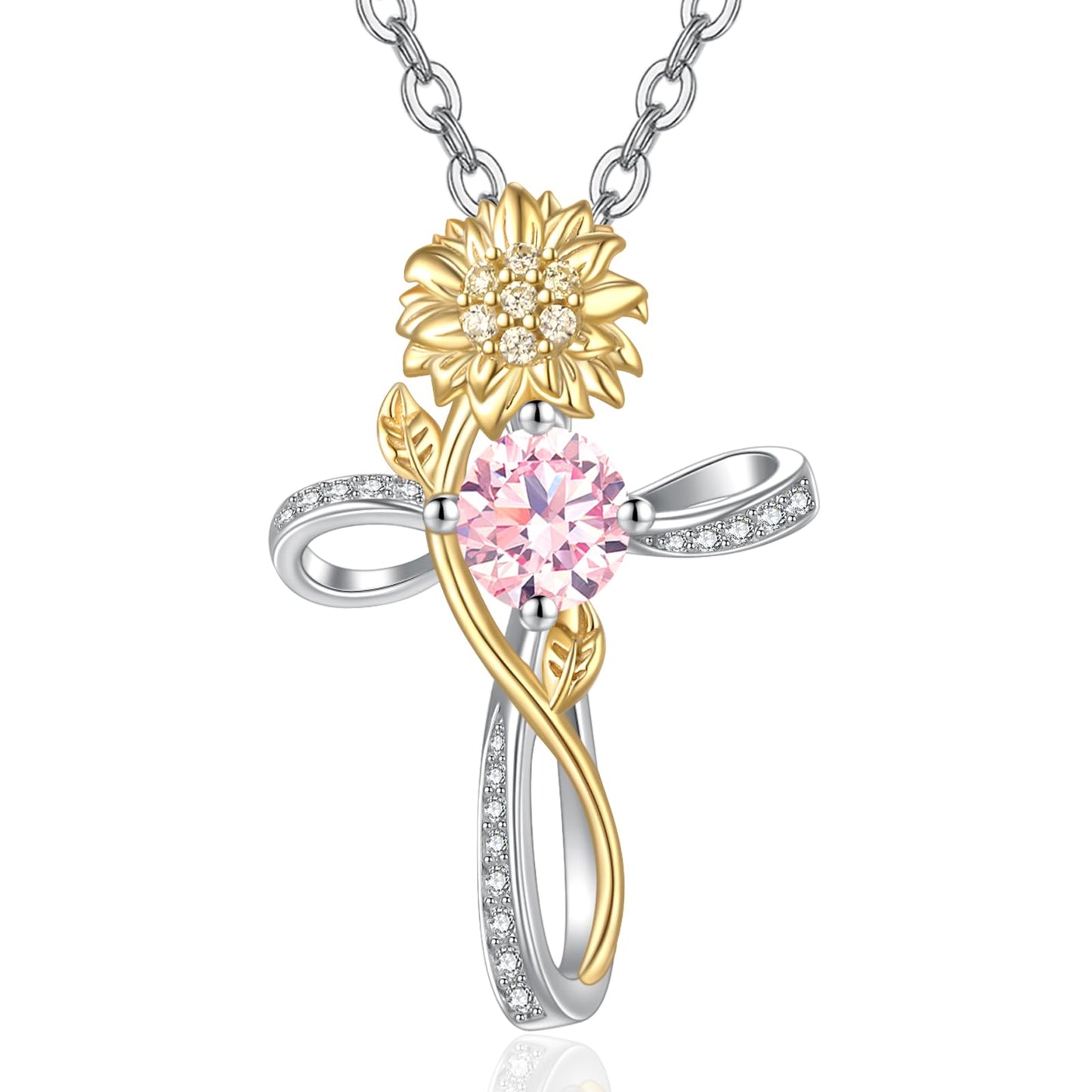 Cross Necklace for Women Sterling Silver Cross Pendant Jewelry with Sunflower Tourmaline October Birthstone Necklace Christian Religious Baptism First Communion Confirmation Birthday Gifts for Women