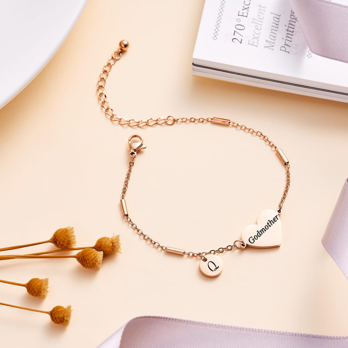 CHENVA Godmother Gifts Initial Bracelet Bangle for Women Gift for Godmother from Goddaughter (Godmother Bracelet-Q-Rose Gold)
