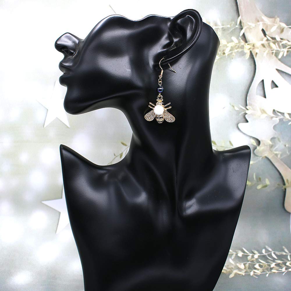Honey Bee Drop Earrings Crystal Insect Themed Dangle Earring Animal Fashion Shell Pearl Hook Earring Gold Tone for Women Jewelry (white pearl +black pearl hook)