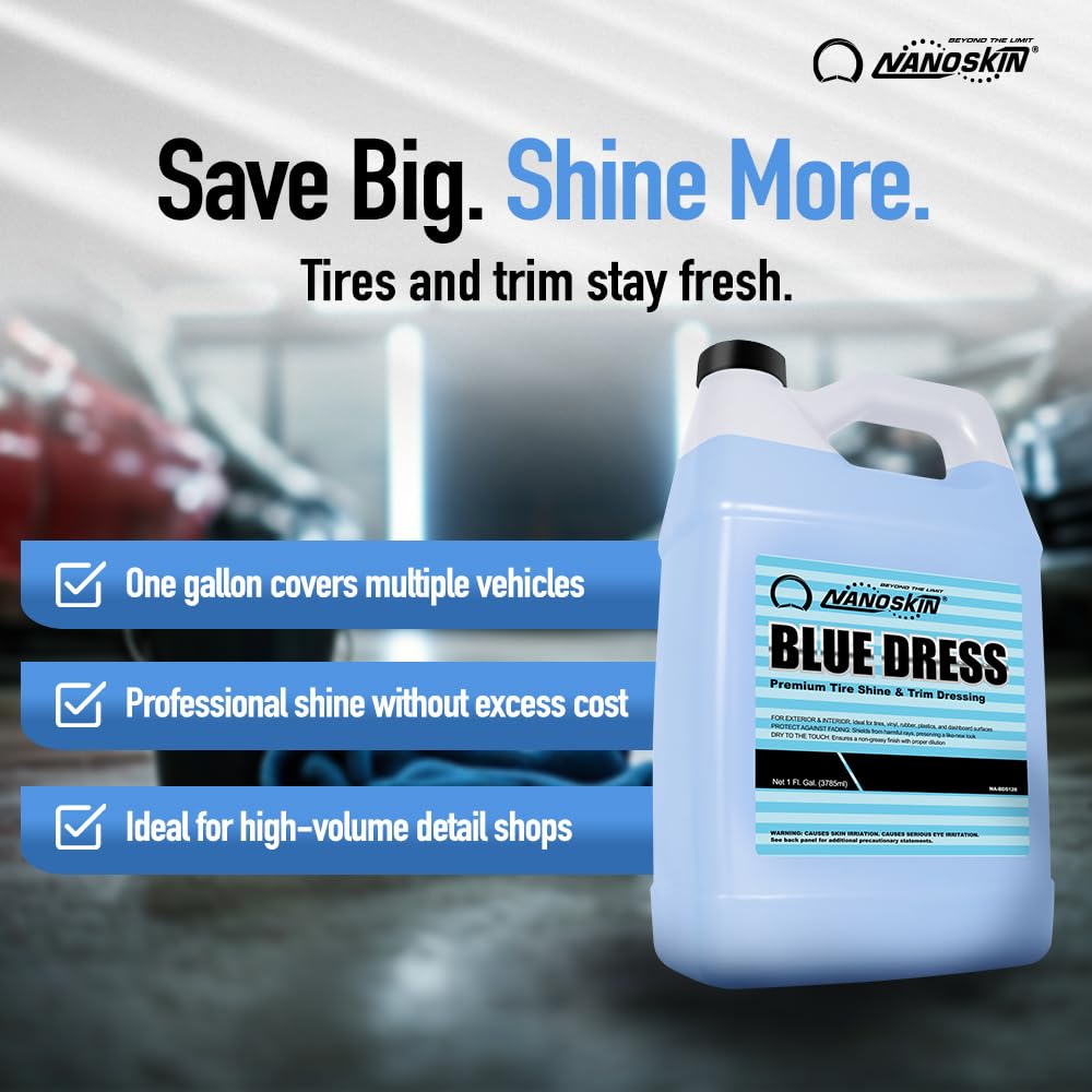 Nanoskin BLUE DRESS Premium Dressing 5 Gallons- Sprayable Interior & Exterior| Works on Tire, Vinyl, Rubber, Plastic & Trim | Safe for Cars, Trucks, Motorcycles, RVs, Light Blue, 640 Fl Oz (Pack of 1)