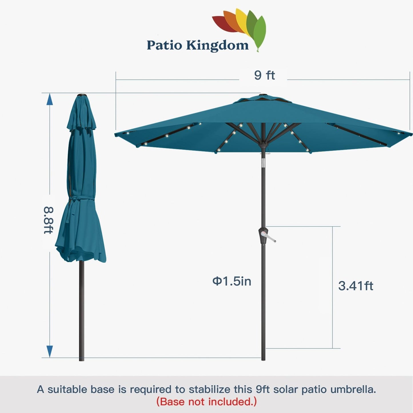 Patio Kingdom 9FT Solar Umbrella 32 LED Lighted Patio Umbrella Table Market Umbrella w/Tilt and Crank, UV-Resistant Outdoor Umbrella for Pool, Garden, Deck, Lake Blue