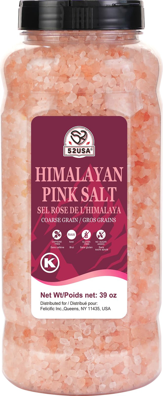 52USA Himalayan Pink Salt, Coarse Grain, 39 oz (2.4 LB), Pink Himalayan Sea Salt, Kosher Salt, Sea Salt for Grinder Refill, Himalayan Salt