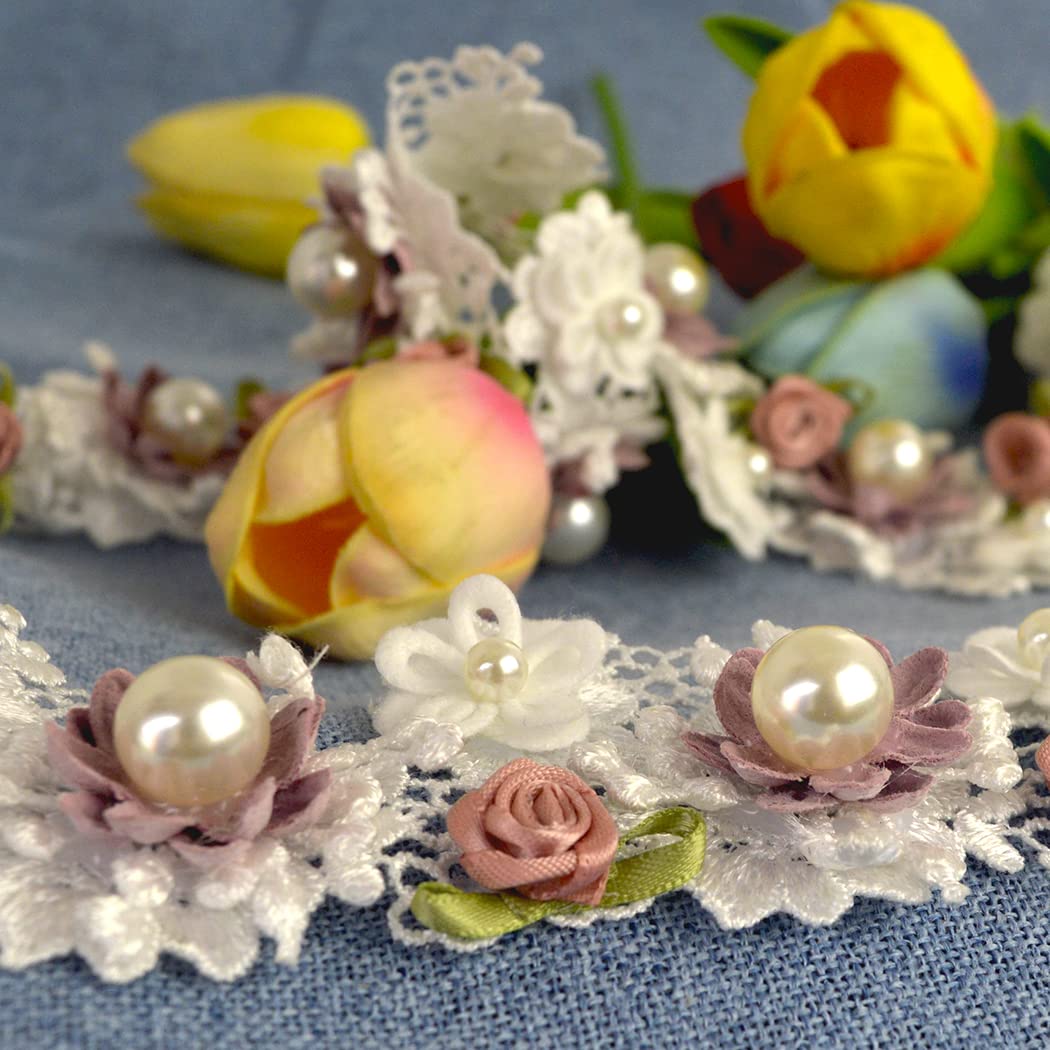 Kuasting 2 Yard Vintage Pearl Flower Ribbon Scallop Edge Trim Sewing Lace Trim Handmade DIY Sewing Supplies for Dress Embellishment (Pearl lace)