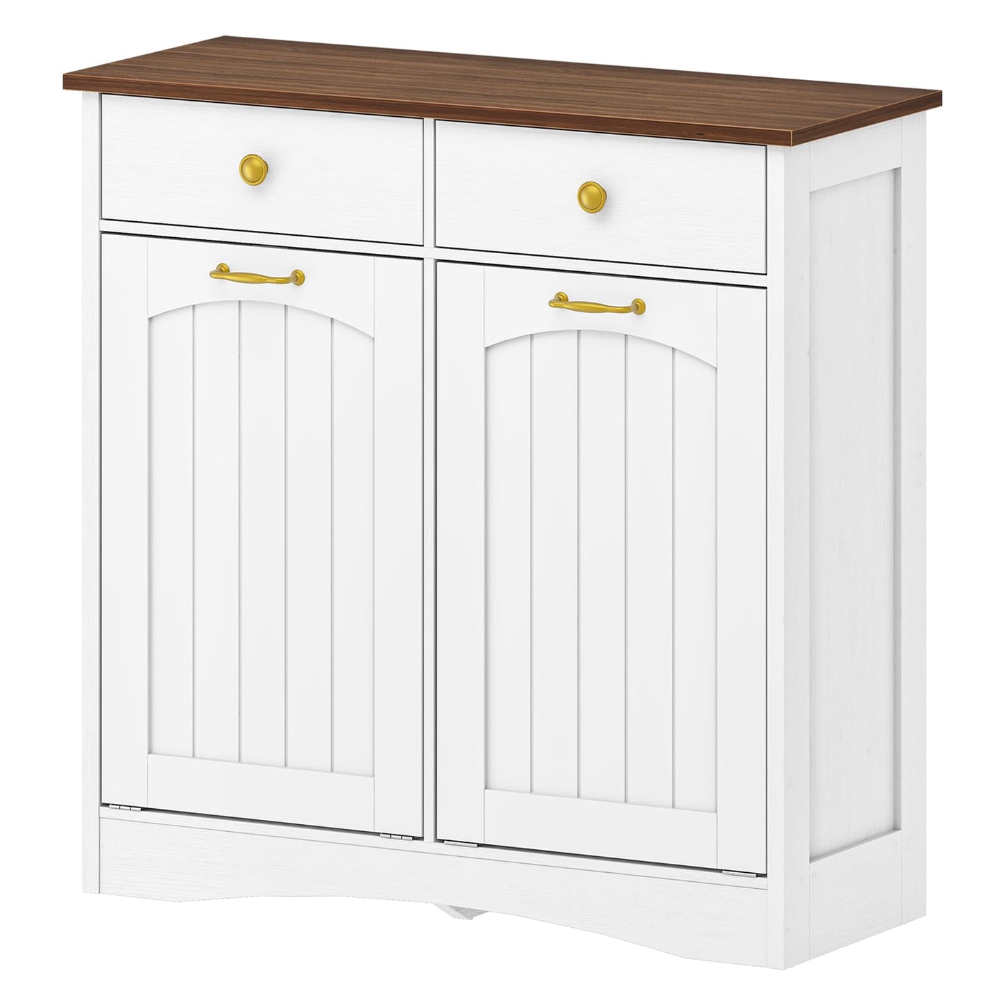 HOOBRO Double Tilt Out Trash Can Cabinet, Hidden Trash Bin Storage with 2 Drawers, Freestanding Kitchen Island Cabinet, for Kitchen, Laundry Room, White and Walnut WH22LJ01US