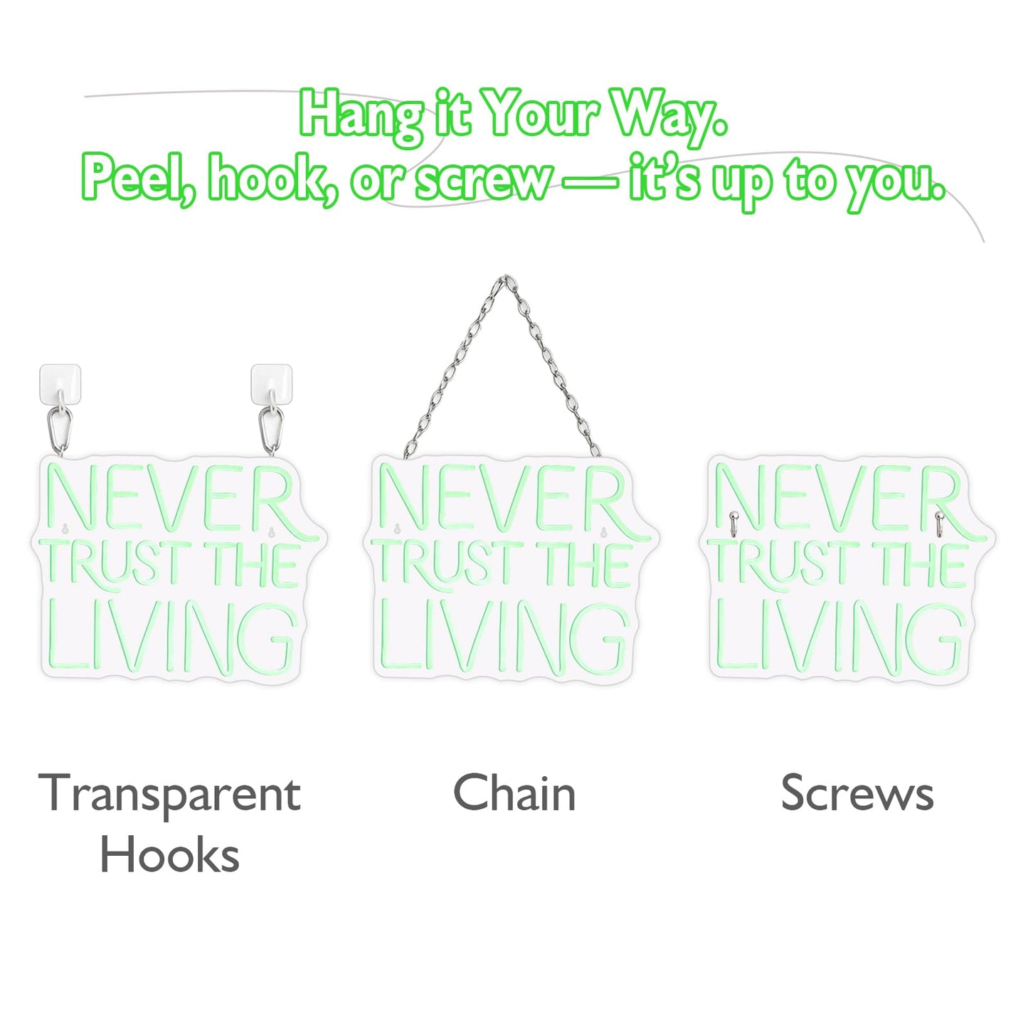 NEVER TRUST THE LIVING LED Neon Sign - 16.5 × 12.6" LED Green Gothic Wall Decor for Halloween, Bedroom, Bar, Horror Movie Theme, Spooky Aesthetic Room Decor, USB Powered