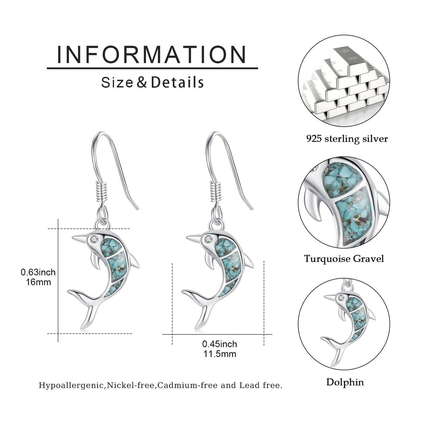 Dolphin Earrings for Women 925 Sterling Silver Turquoise Sea Animal Dangle Drop Earrings Beach Themed Ocean Jewelry Dolphin Gifts for Daughter