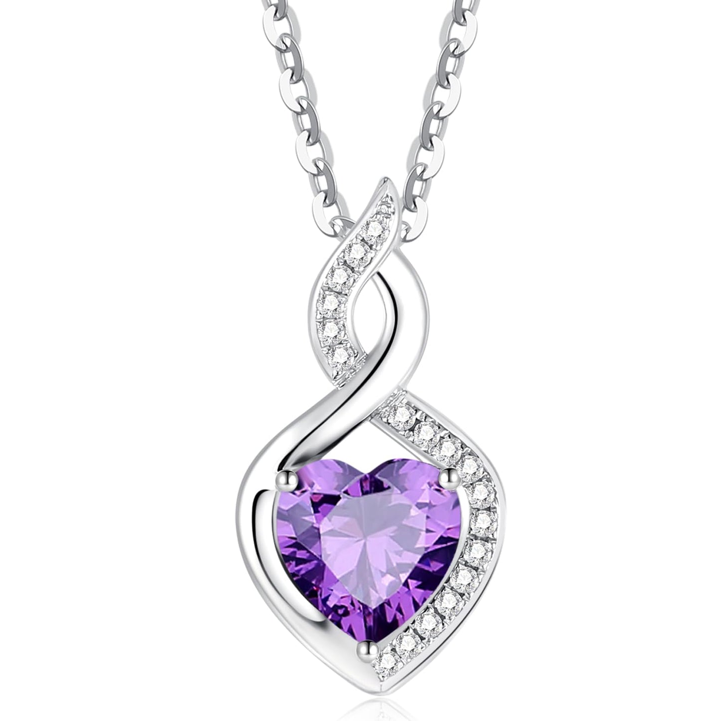 FANCIME Amethyst Necklace 14K Solid White Gold Heart Pendant with Diamond February Birthstone Necklace Jewelry Gifts for Mom Women