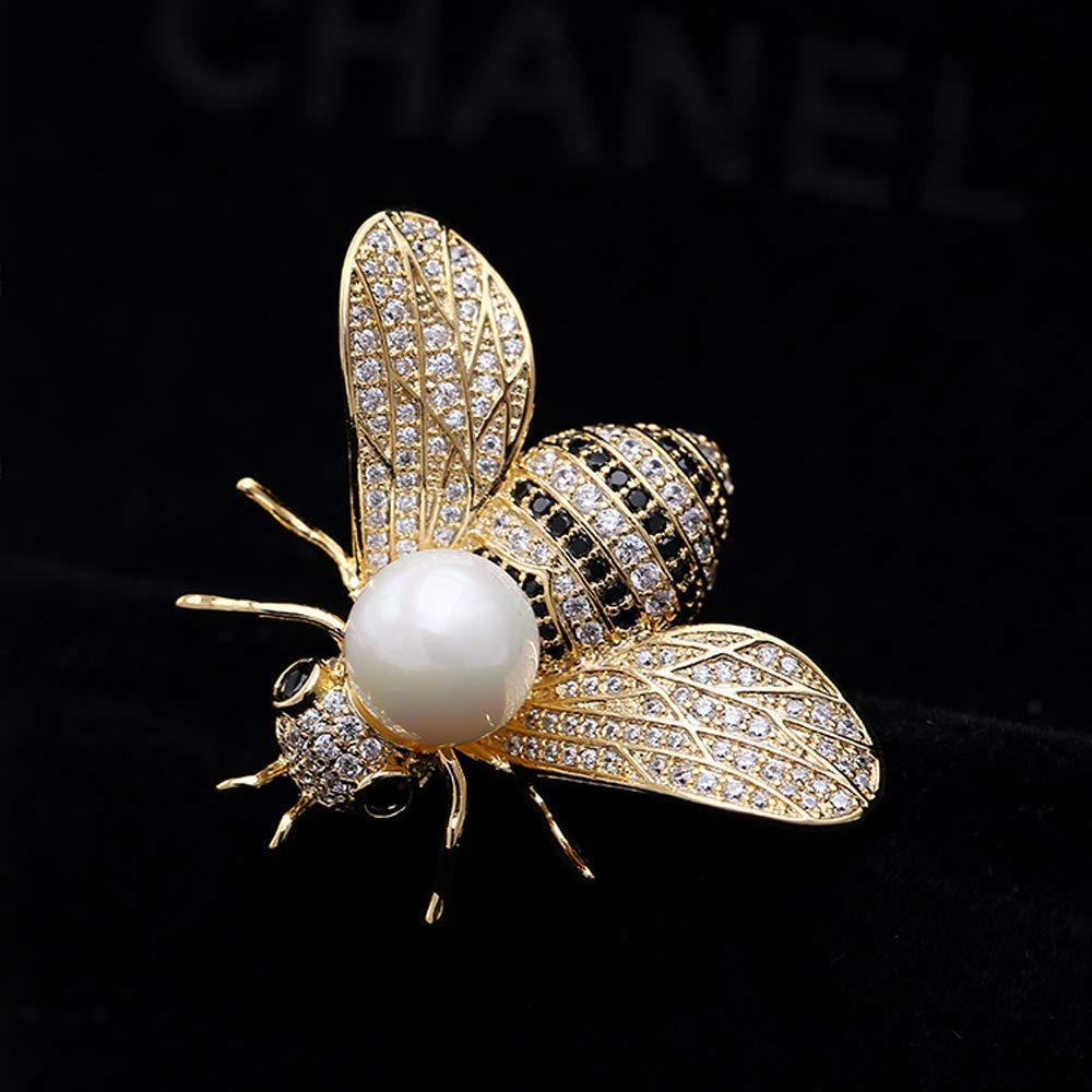 Honey Bee Brooches Crystal Insect Themed Bee Brooch Animal Fashion Shell Pearl Brooch Pin 14K Gold Plated (white pearl)
