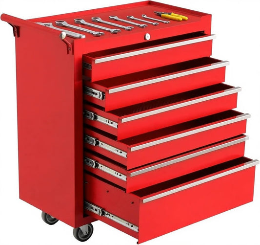 GarveeTech 6-Drawer Tool Chest, Rolling Tool Box with Wheels and Lock System, Portable Storage Rolling Tool Chest for Warehouse, Workshop & Repair Shop, Red
