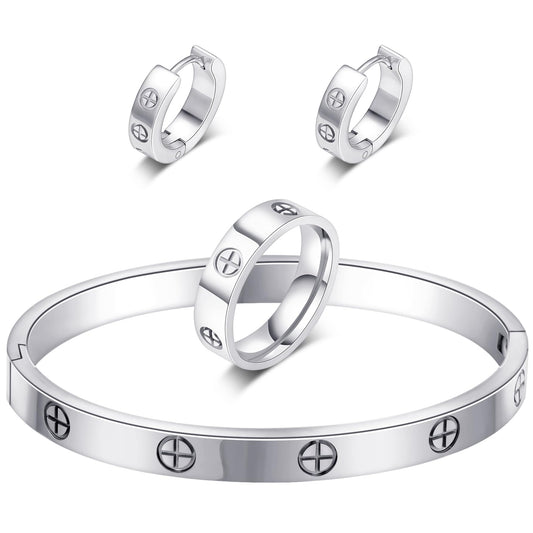 3 Pcs Hoop Earrings Bracelets Ring Sets for Women-18K Gold Plated Love Bracelet Cubic Zirconia Cuff Bangle Hoop Earrings Friendship Love Ring Jewelry Set,Wedding Party Christmas Valentine's Day Birthday Gifts for Her Girlfriend Sister Daughter