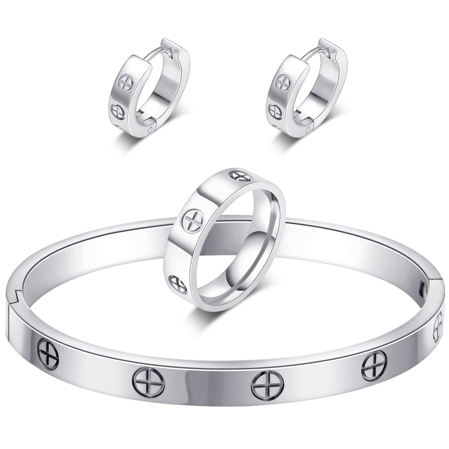 3 Pcs Hoop Earrings Bracelets Ring Sets for Women-18K Gold Plated Love Bracelet Cubic Zirconia Cuff Bangle Hoop Earrings Friendship Love Ring Jewelry Set,Wedding Party Christmas Valentine's Day Birthday Gifts for Her Girlfriend Sister Daughter