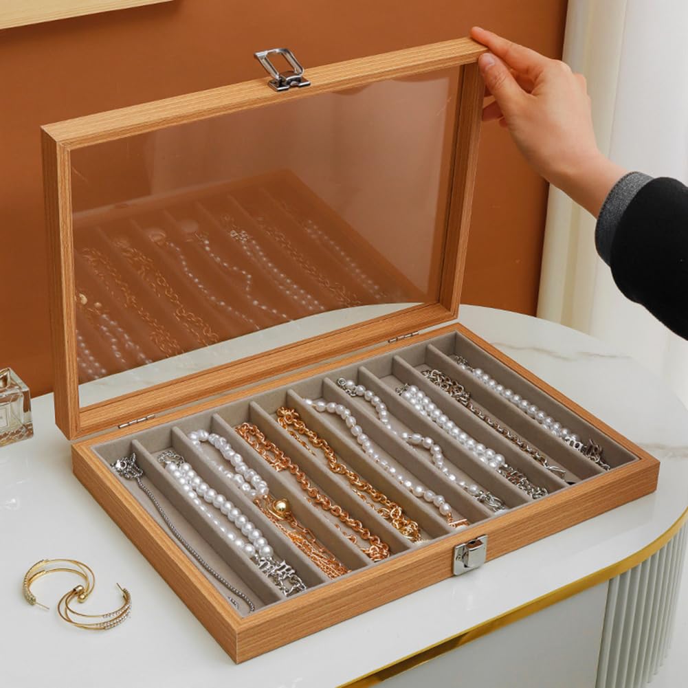 MIOINEY Glass Lid Necklace Organizer Box Transparent Necklace Holder Organizer Velvet Necklace Display Box Clear Lid Jewelry Storage Stackable Necklace Display Case for Women Girls (Style A)