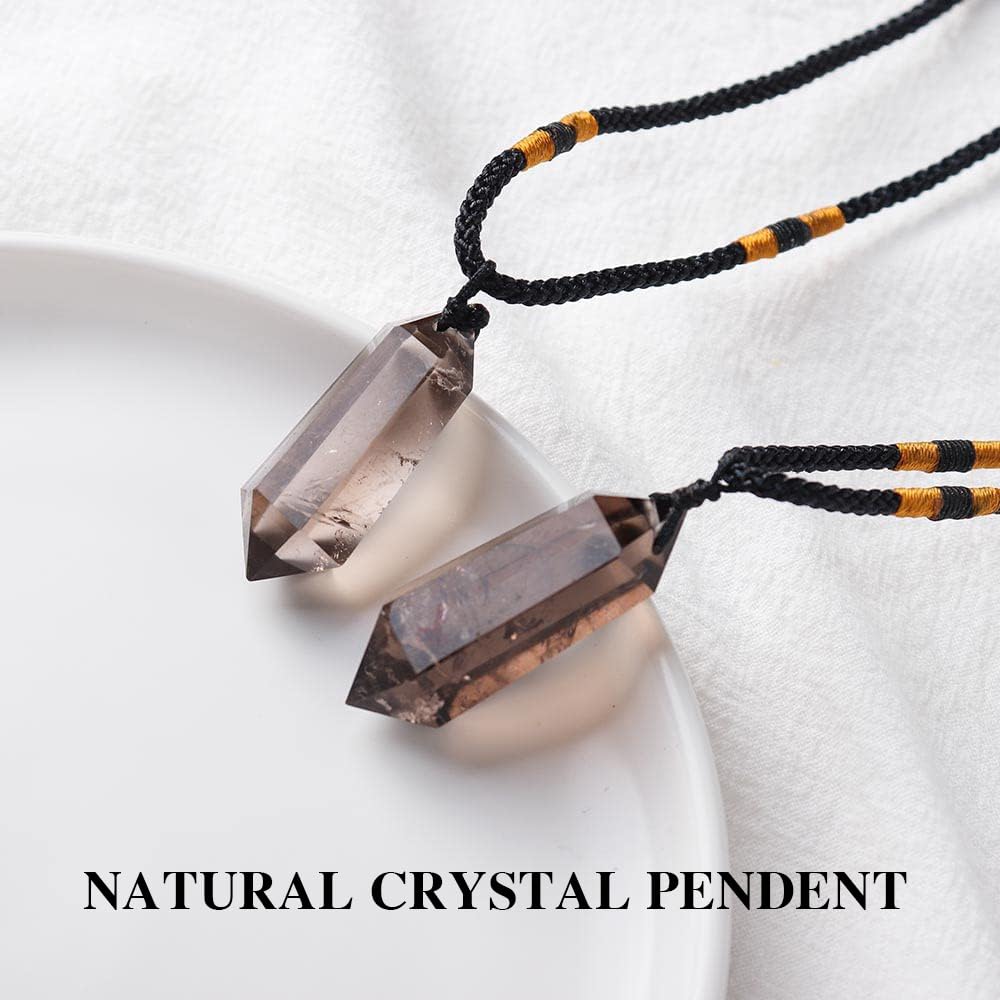 Runyangshi Smoky Quartz Healing Crystal Pendants, Double Pointed Natural Crystal Quartz Necklace 6 Faceted Chakra Crystal Wand Stone Reiki Meditation