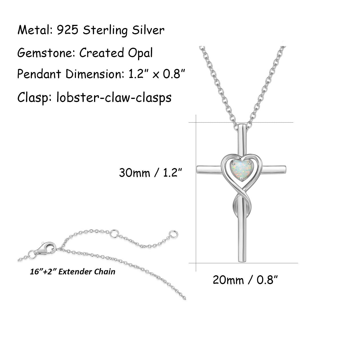 FANCIME Opal Cross Necklace For Women Sterling Silver Birthstone Created Opal Necklace Infinity Heart Cross Pendant October Birthstone Jewelry Gifts for Women
