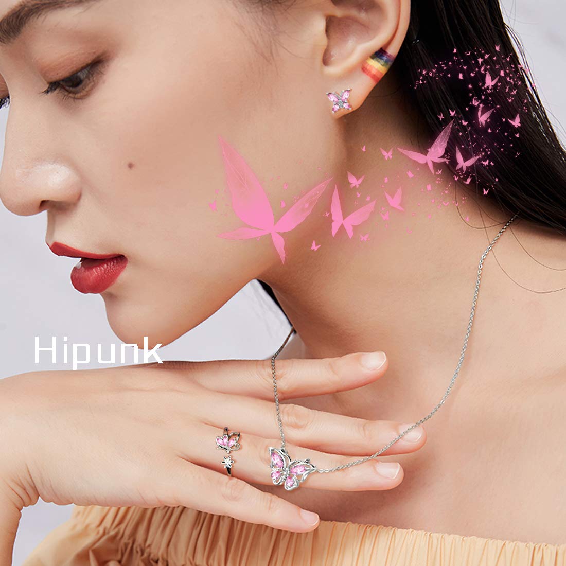 Hipunk Butterfly Pink Jewelry Sets Birthstone Women 925 Sterling Silver October-Tourmaline Birth Stone Animal Butterflies Jewelry Sets/Earring/Ring Set Crystal Birthday Jewelry SS0002O