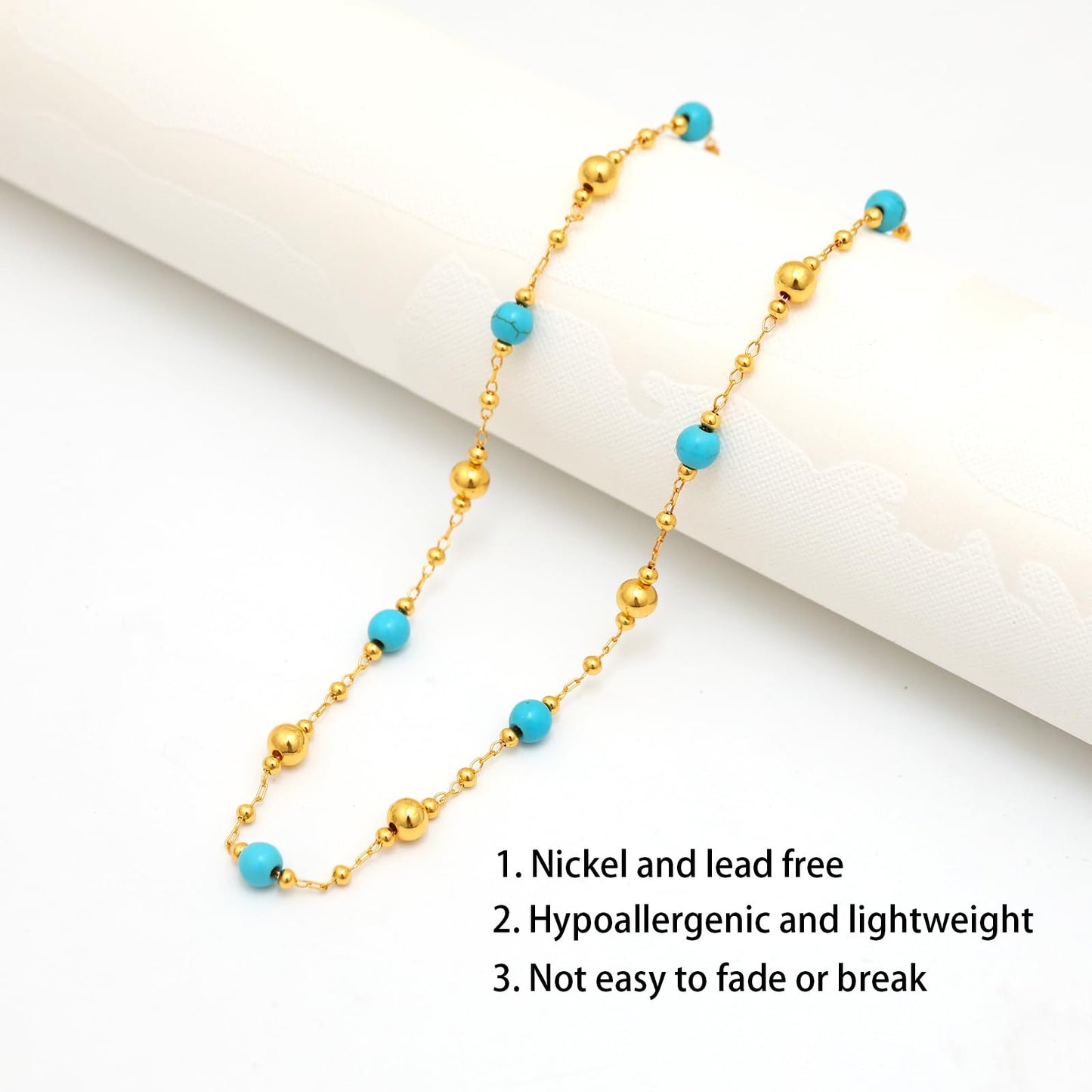 MAIKERDER Turquoise Necklaces for Women, 18K Gold Plated Dainty Turquoise Beaded Necklaces Handmade Beach Summer Boho Simple Bead Chain Choker Necklace for Women Western Jewelry Trendy Non Tarnish