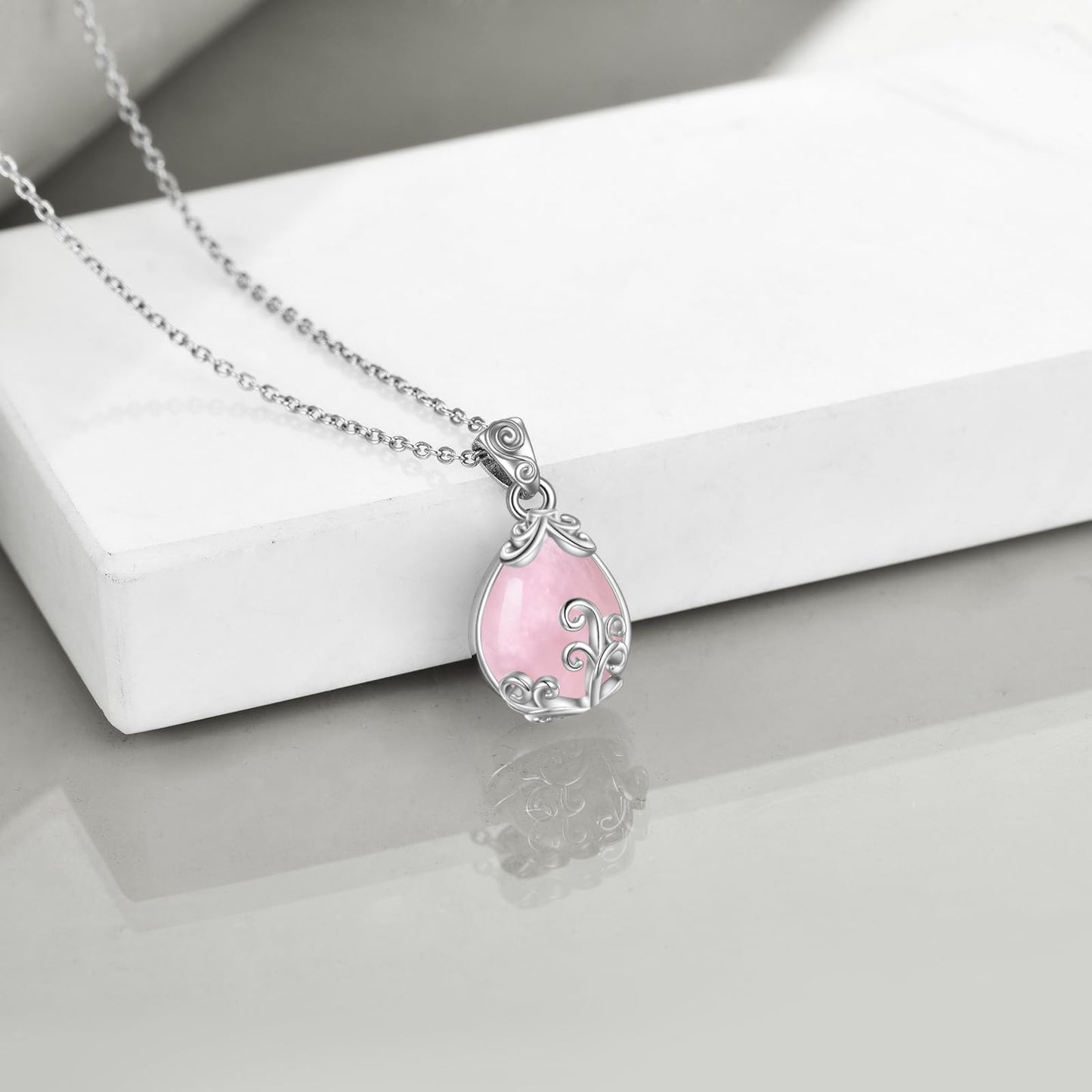 POPLYKE Sterling Silver Rose Quartz Filigree Teardrop Pendant Necklace Pink Gemstone Crystal Jewelry for Women