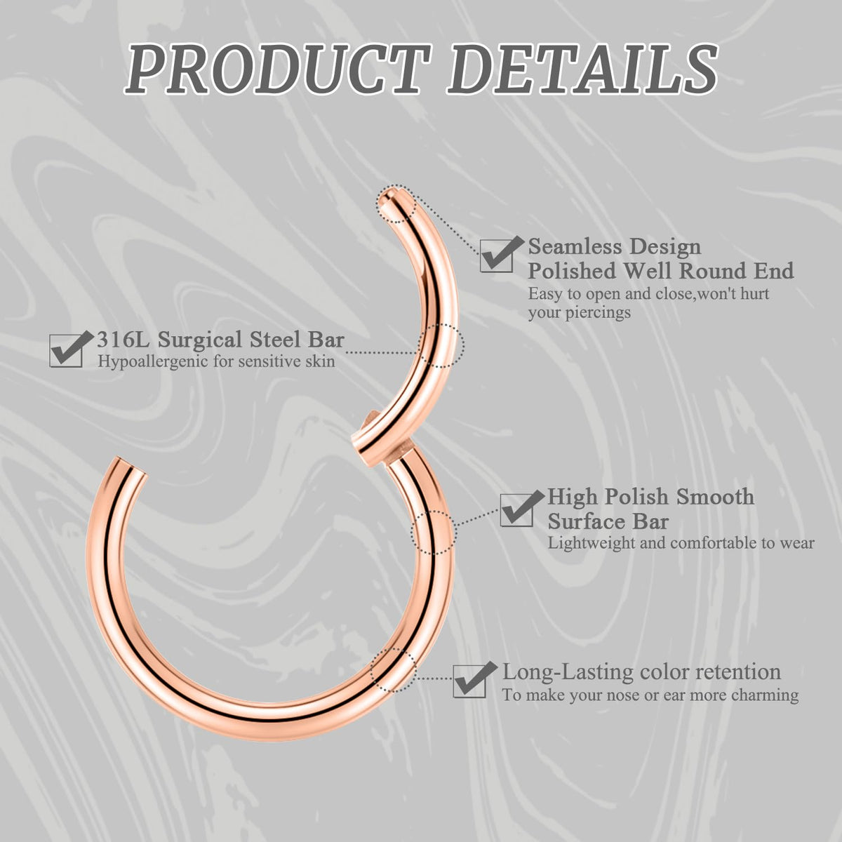 Septum Ring Rose Gold Septum Jewelry Seamless Septum Clicker Nose Rings 18 Gauge 8mm Nose Ring Hoop 18g Cartilage Earring Lip Rings Nose Hoop Surgical Steel Helix Earrings Nose Piercing Jewelry