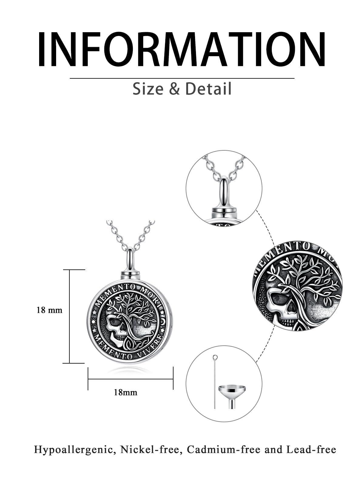 Memento Mori Urn Necklace for Ashes Gothic Skull Pendant Tree of Life Hourglass Cremation Memorial Jewelry Amulet Protection Necklace Gift for Men Women Him Her