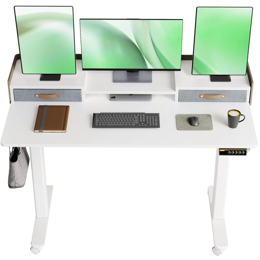 YDN Electric Standing Desk, Adjustable Height Stand up Desk, Sit Stand Home Office Desk with Splice Board, 48x24 Inches, White Top with Shelf