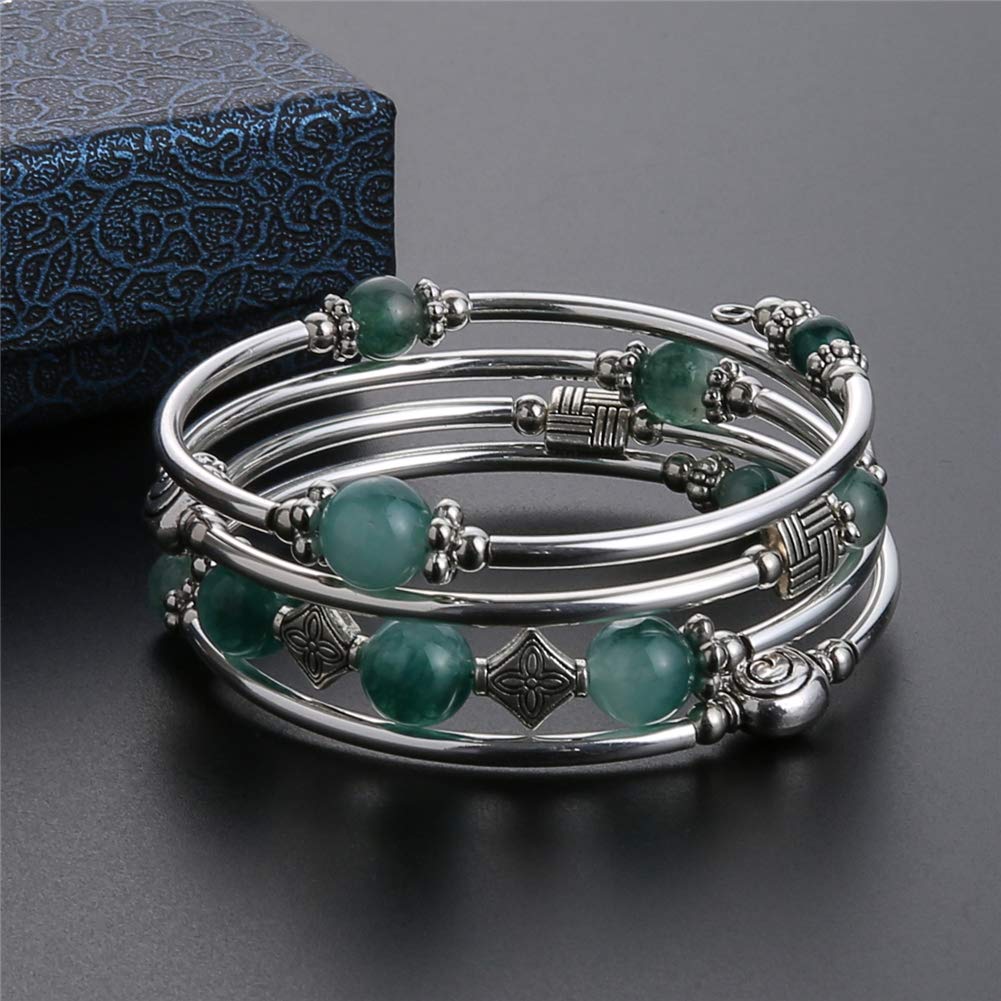 Beaded Pearl Bangle Wrap Bracelet - Fashion Bohemian Jewelry Multilayer Charm Bracelet with Thick Silver Metal Beads, Gift For Women(Jade Green)