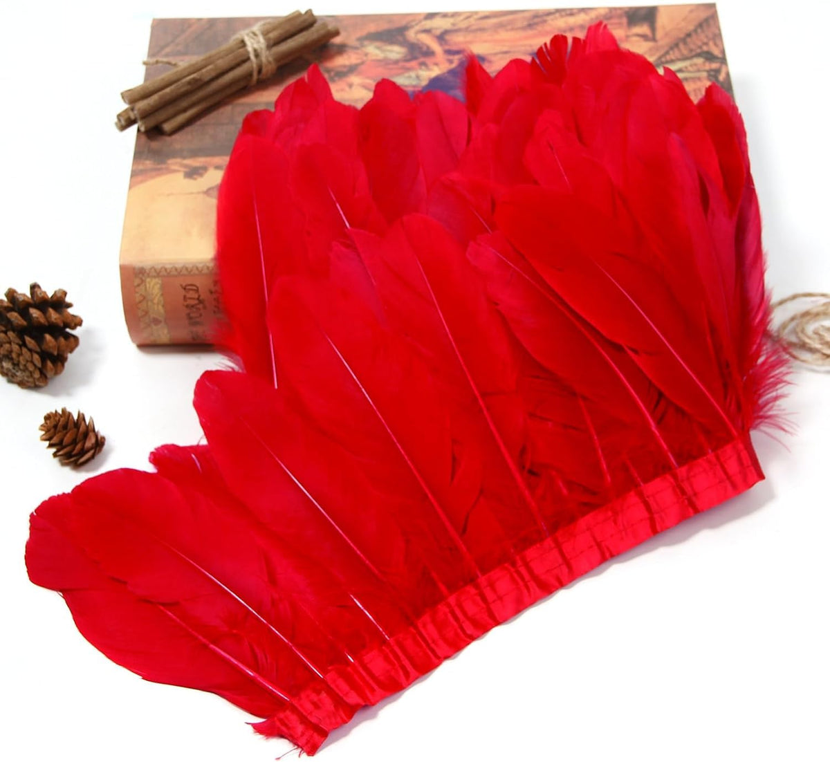 MAOFENG 2 Yards Natural Goose Feathers Trim Sewing Fringe Fashion Dress Sewing 6-8inch for DIY Handicrafts Costumes Decoration,Red