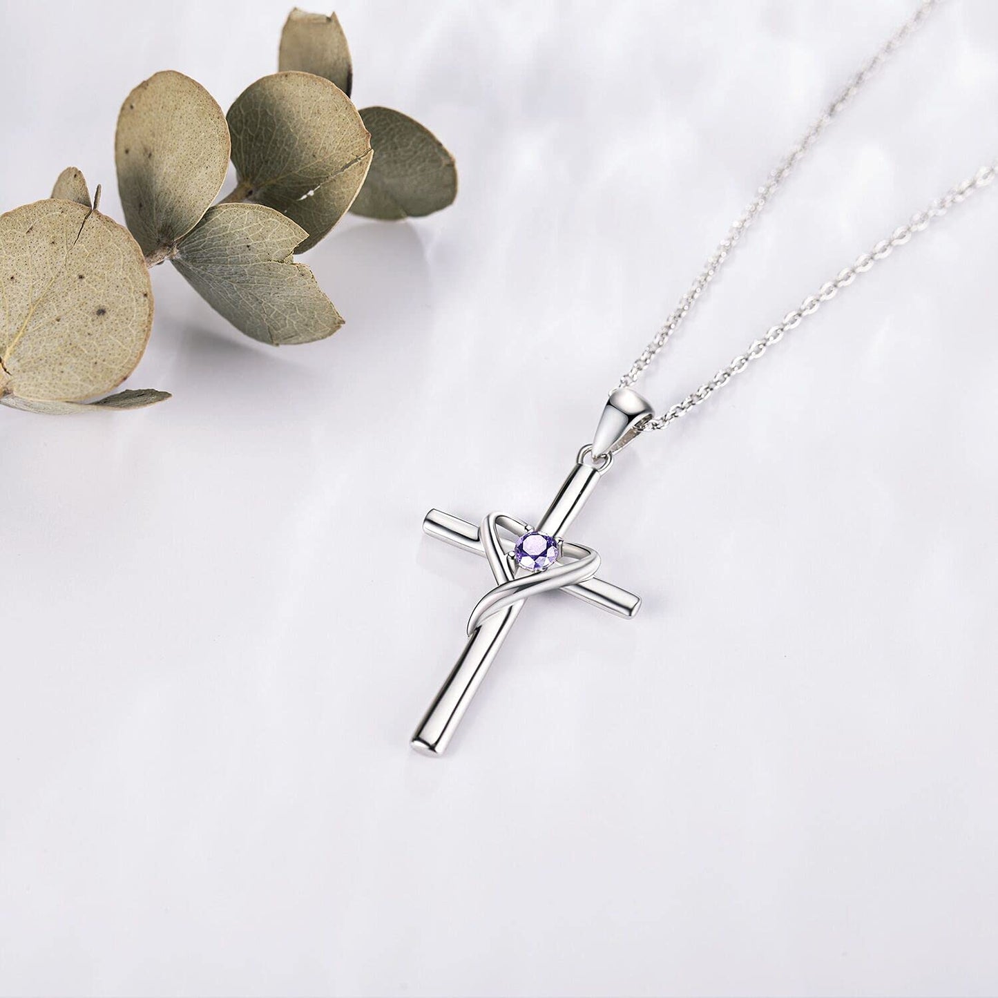 AmorAime 925 Sterling Silver Cross Necklace for Women Men 14K Gold Plated 5A CZ Birthstone Necklaces for Holiday (F.Light Purple-June-Alexandrite)