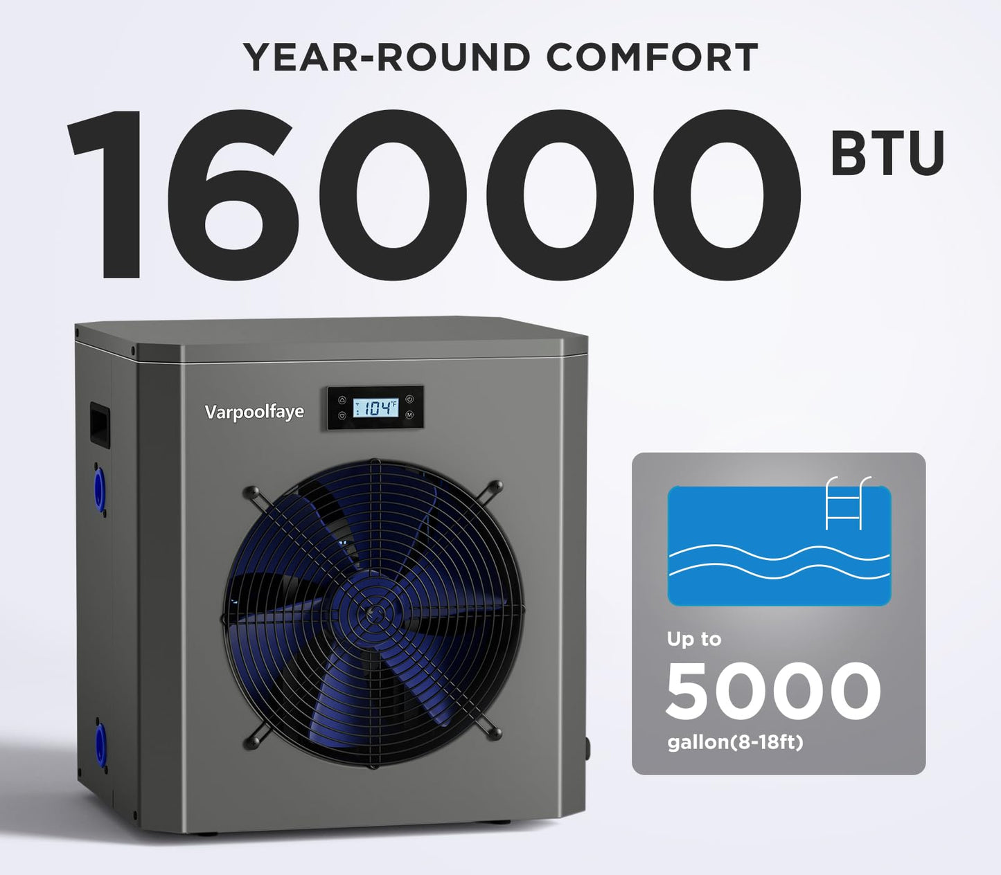 Varpoolfaye 16000 BTU Electric Pool Heater for Above Ground Pool Swimming Pool Heat Pump Spa Heater 5000 Gallon Pool Heater 120V WiFi Control