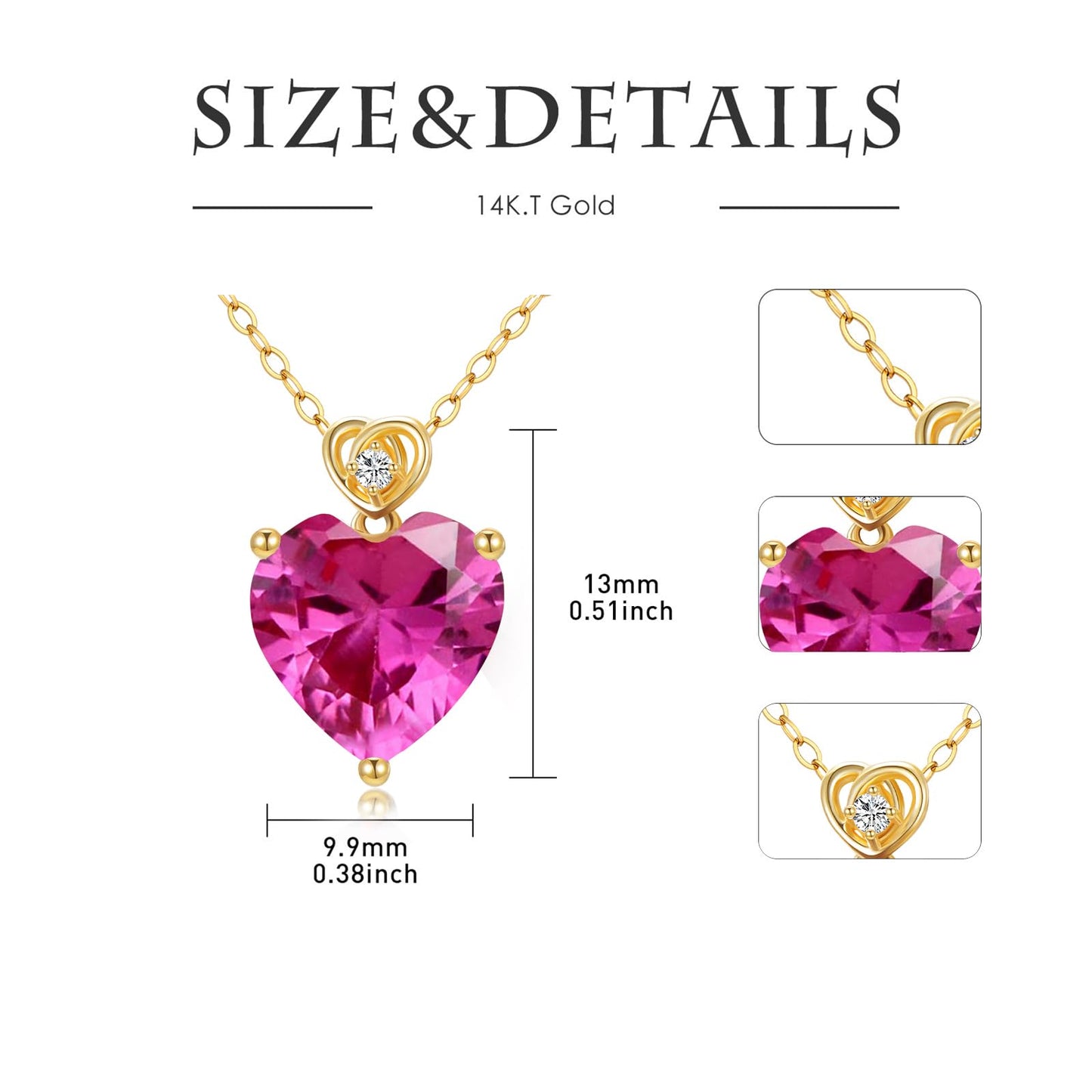 NFYBD 14k Gold Love Heart Tourmaline Birthstone Pendant Necklace for Women 3 Carat Heart-cut Created Gemstone Anniversary Birthday Mother's Day Necklaces for Her 16+1+1 inch-Oct