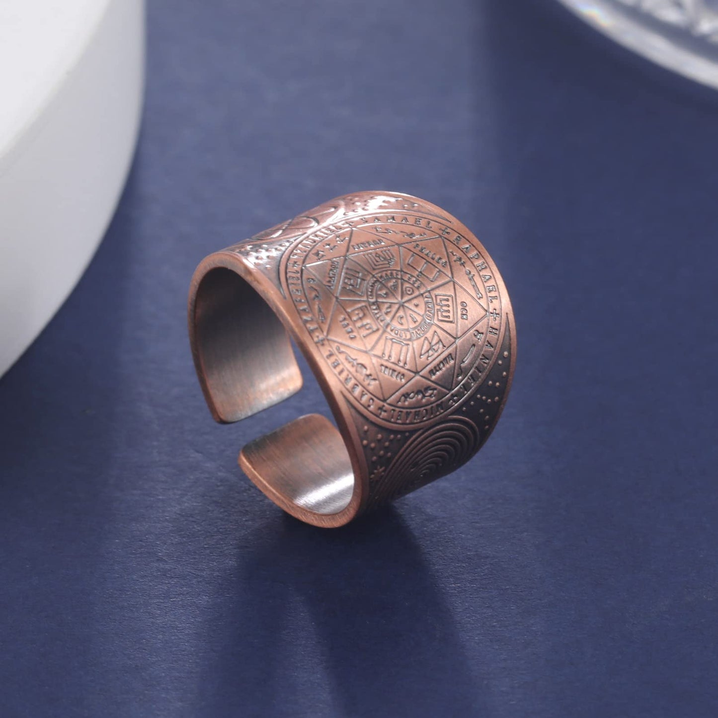 Amaxer Seven Archangels Ring for Men Copper The Seal Of Solomon Tetragrammaton Archangels Protection Ring Statement Band for Men Women (19mm-dark pink)