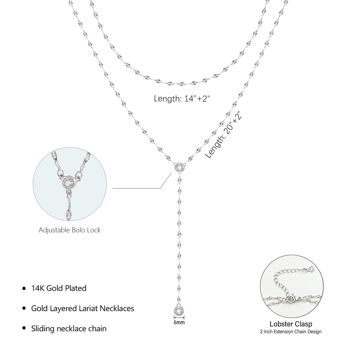 Luxval Silver Necklace for Women Dainty 14K Silver Plated Layered Necklaces for Women Trendy Lariat Shinny CZ Long Necklace Simple Jewelry Gifts