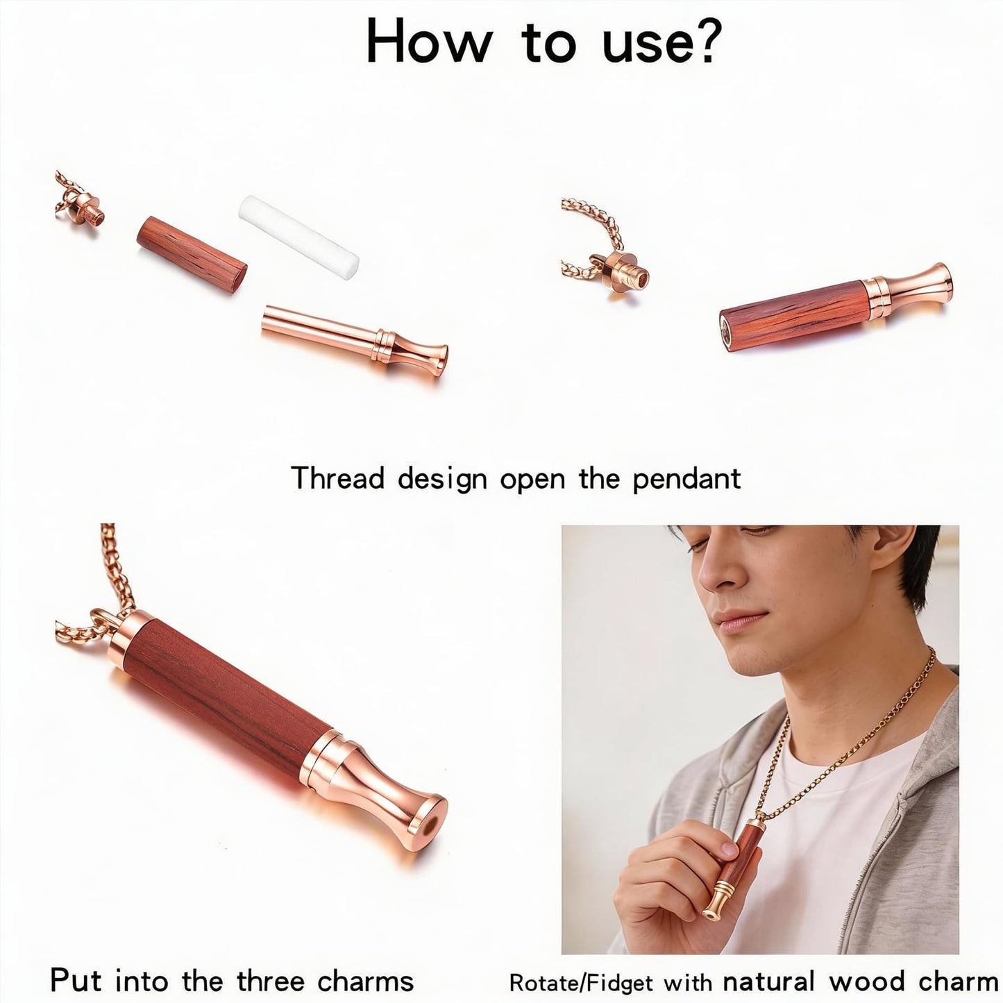 BOLAGTIER Mindful Breathing Necklace: Natural Wood Fidget Charm for Anxiety Relief & Quit Smoking Aid, Stainless Steel Sensory Pendant to Calm Your Mind (Rose Gold)