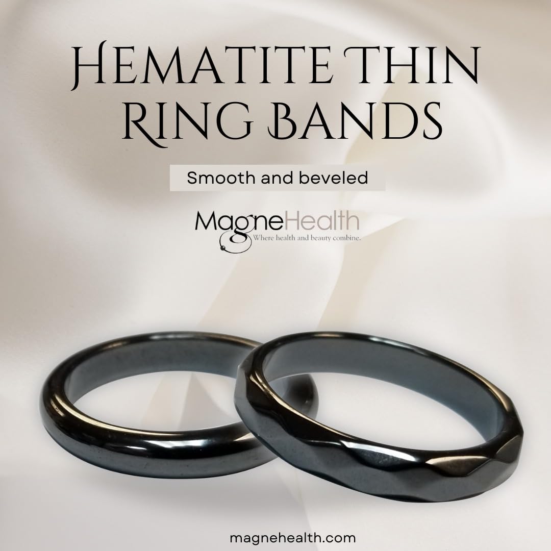 MAGNEHEALTH Hangover Ring, Thin Beveled Magnetic Hematite Band Ring, Hematite Band in Beveled Design for Magnetic Therapy, Acupuncture Ring - Size 7