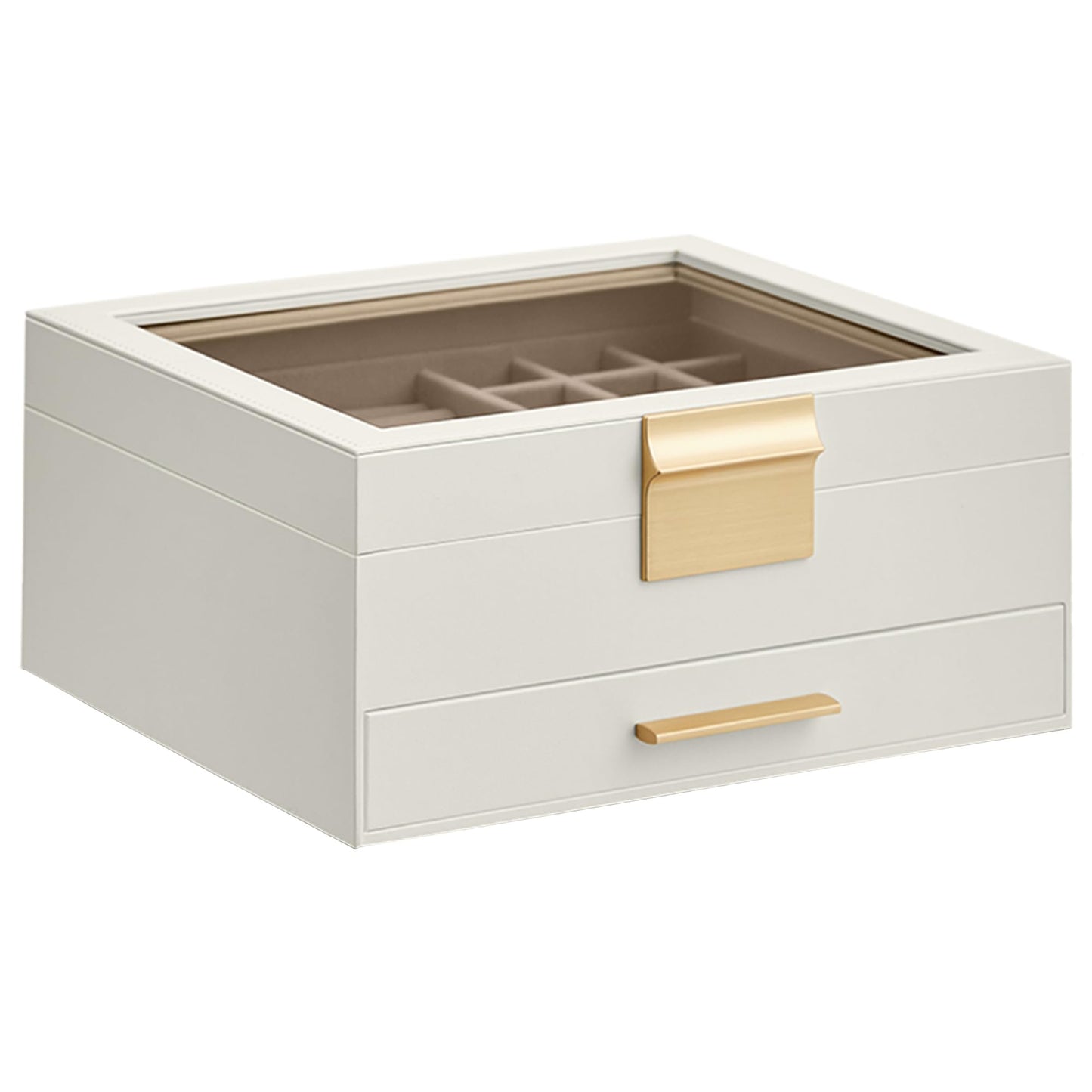 SONGMICS GISELLA Collection - Jewelry Box Organizer, 2-Layer Jewelry Storage with 1 Drawer, Shiny Metal Hardware, Glass Lid, Modern, 8 x 9.1 x 4.1 Inches, Cloud White and Gold Color UJBC174W01