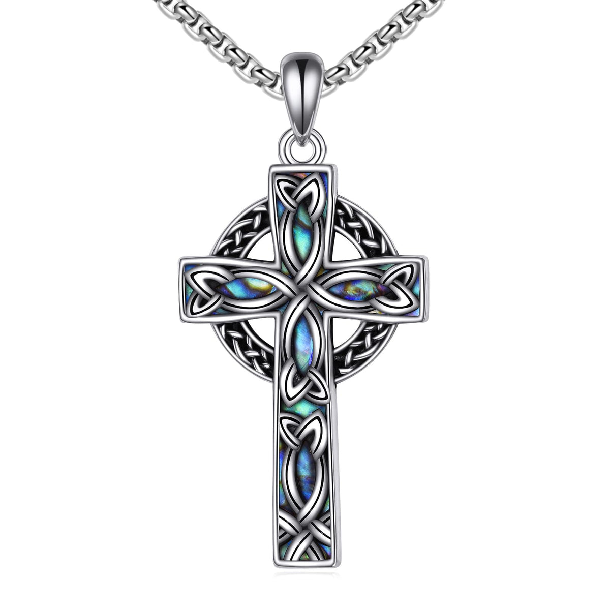 VONALA Celtic Cross Necklace 925 Sterling Silver Abalone Shell Celtic Knot Cross Pendant Necklace Religious Christian Irish Jewelry Gifts for Women Men