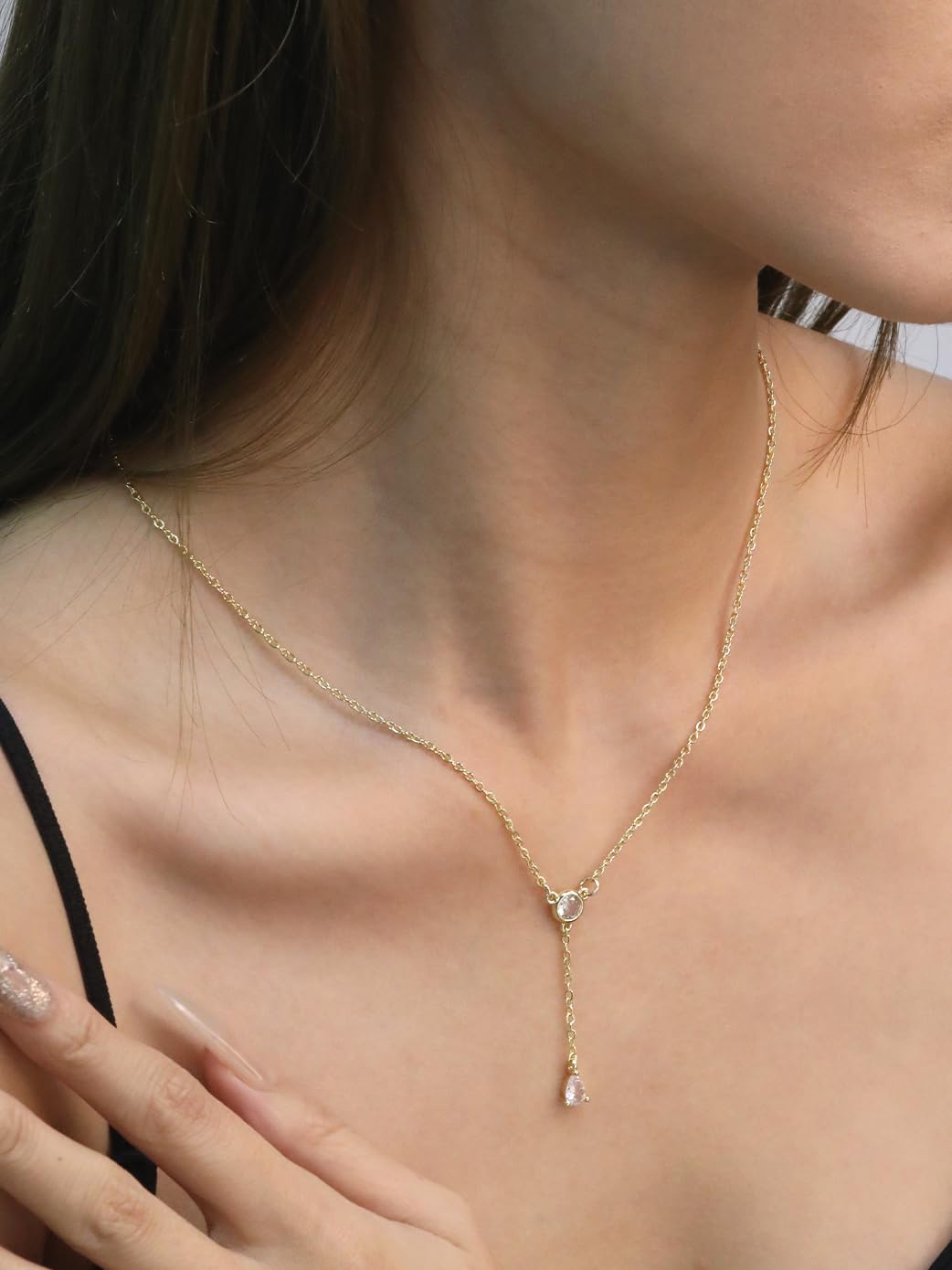 LUXU kisskids Gold Pendant Necklace for Women, Dainty Lariat Y-Shaped Chain, Stainless Steel CZ Drop Chain Adjustable Hypoallergenic Jewelry Gift