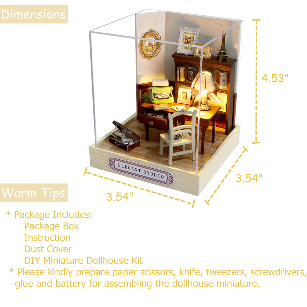 TuKIIE DIY Miniature Dollhouse Kit with Furniture, 1:24 Scale Creative Room Mini Wooden Doll House Plus Dust Proof for Kids Teens Adults(Elegant Studio)