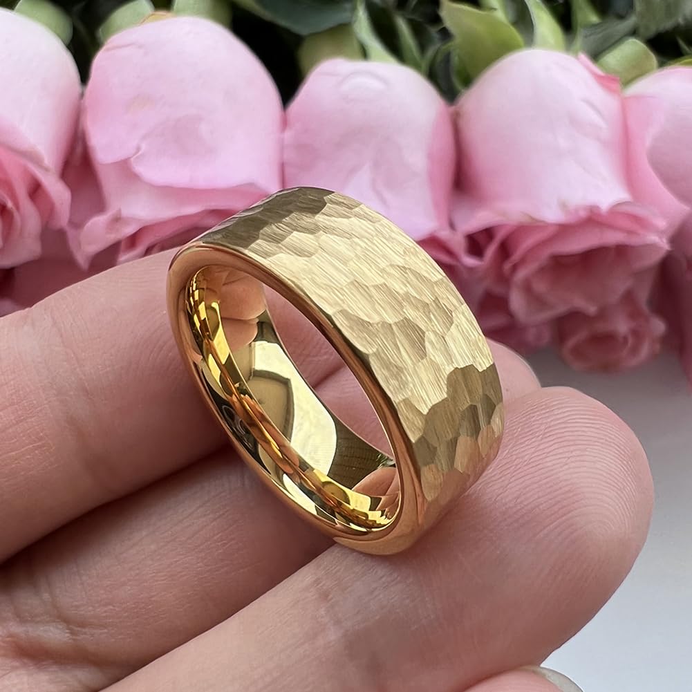 TUTISS 8mm Gold Hammered Tungsten Carbide Rings for Men Women Fashion Engagement Wedding Bands Matte Finish I Love You Engraved Comfort Fit Size 10