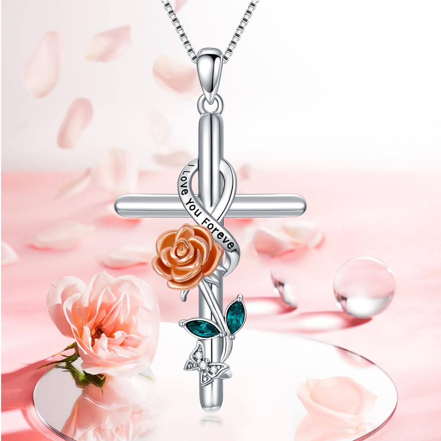 Flpruy Rose Birth Flower Necklace 925 Sterling Silver Cross Necklace 12 Month Birth Flower Floral Pendant Birthday Jewelry Gifts for Women Mom