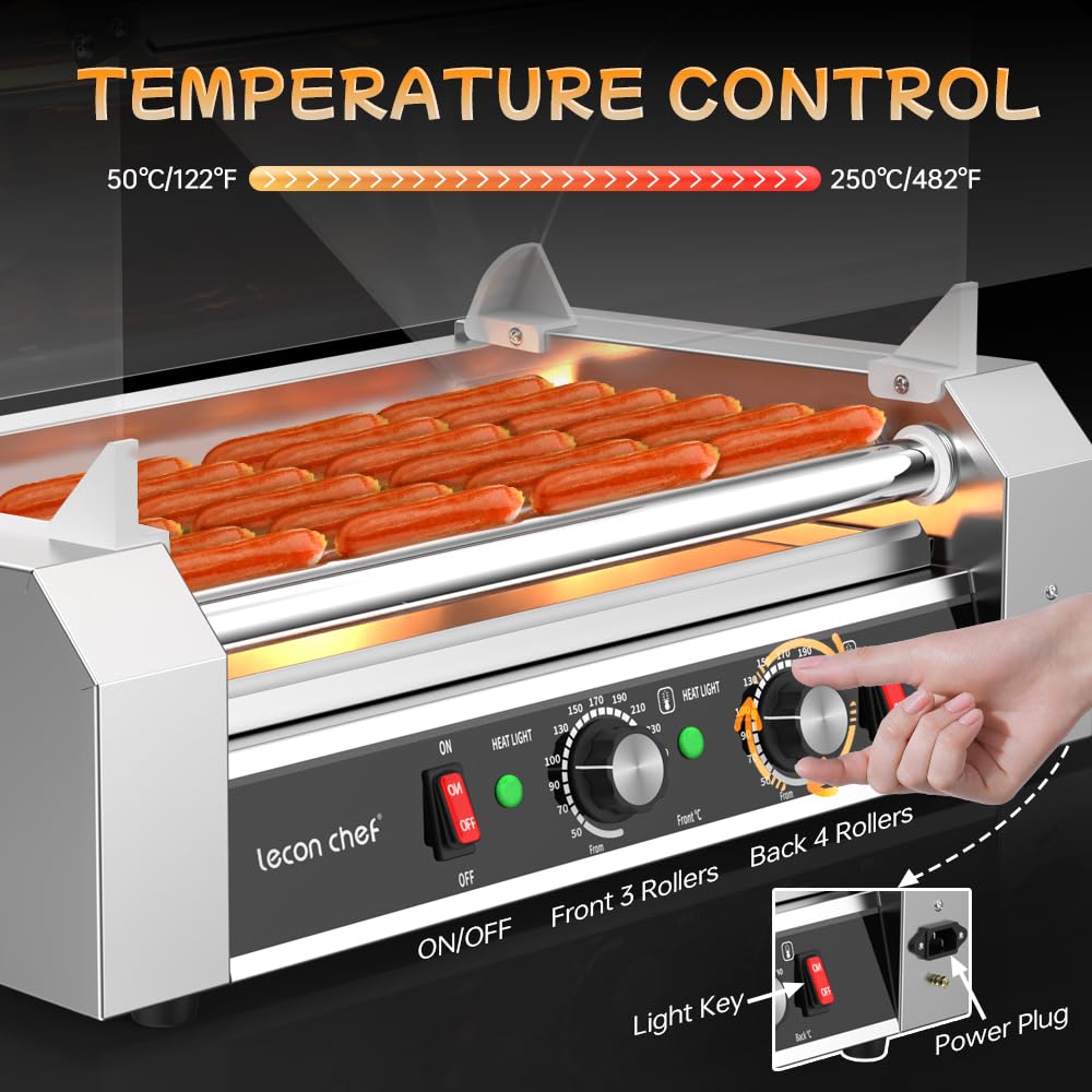 Leconchef Hot dog roller machine Commercial Grade Stainless Steel Electric 24 Hot Dog 7 Roller Grill Cooker Machine with Detachable Glass Cover、Dust cover and LED Lights, 1200-Watts