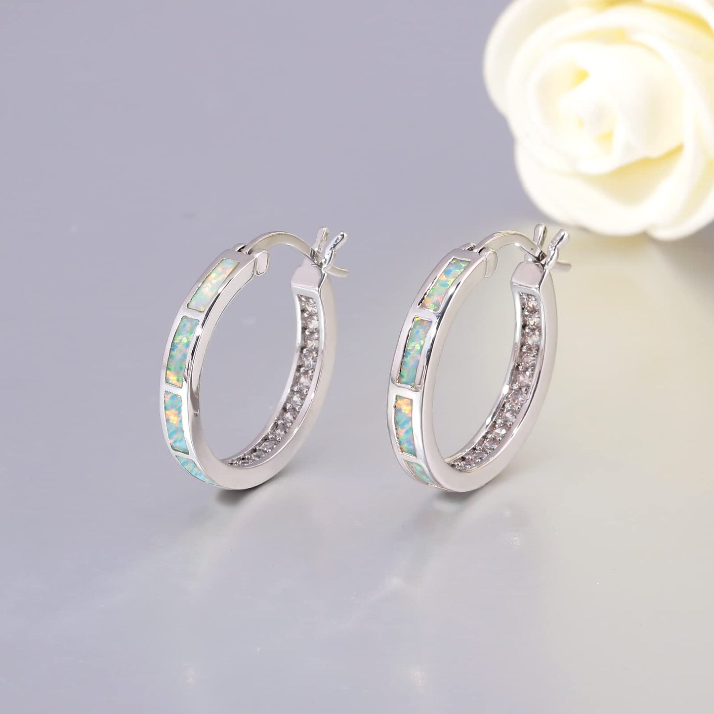 CiNily Women's Hoop Earrings Opal Earrings White Gold Plated Hypoallergenic Small Round Ear Hoops Ladies White Gemstone Hoop Earrings Jewelry 20mm