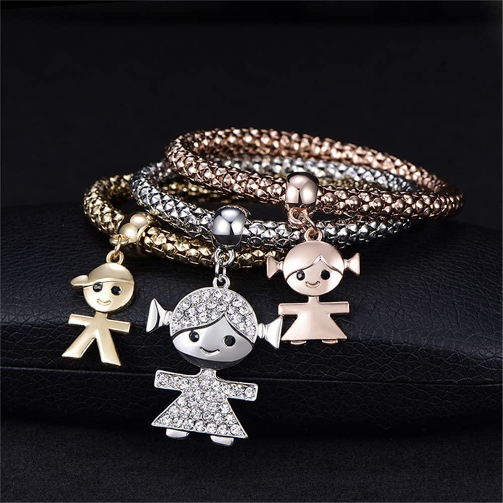 SILANER Crystal Charms Multilayer Bracelets - 3PCS Gold/Silver/Rose Gold Corn Chain Bracelet for Women, Tree of Life Heart Shaped Stretch Bracelet (Mom and Daughter)