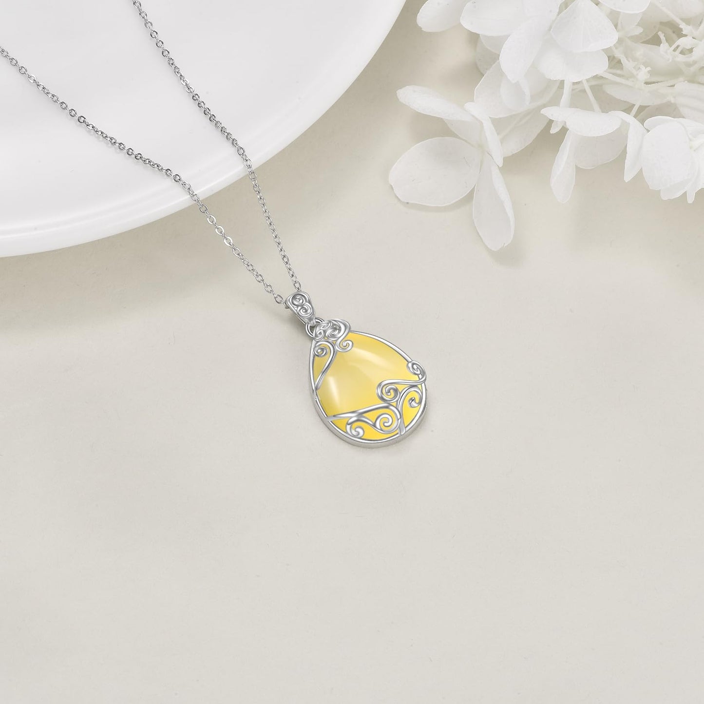 YAFEINI 925 Sterling Silver Yellow Agate Necklace Filigree Teardrop Pendant Necklace Jewelry for Women (DD-Yellow Agate Filigree Necklace)