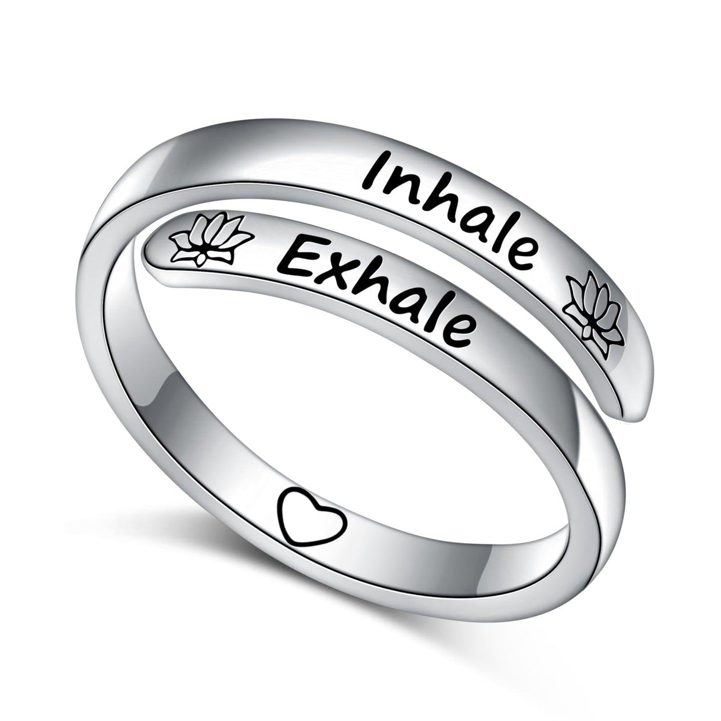 Ladytree Adjustable Inspirational Rings 925 Sterling Silver Yoga Lotus Flower Stacking Wrap Spiral Twist Statement Band Encouragement Hope Ring Jewelry for Women Men(Inhale Exhale)