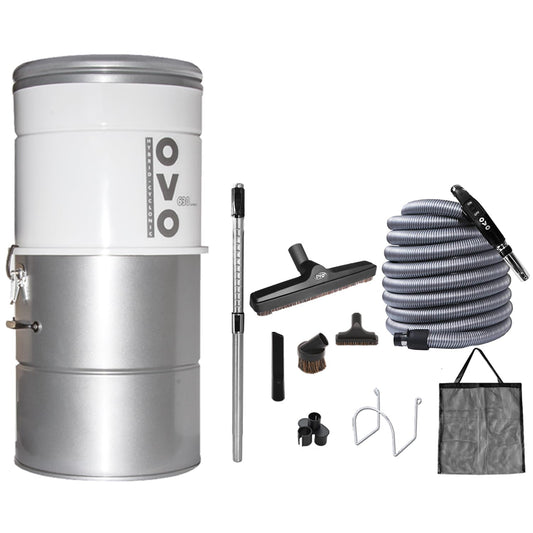 OVO Large and Powerful Central Vacuum System, Hybrid Filtration (with or Without Disposable Bags), 25L or 6.6 Gal, 630 Airwatts + 30 ft Premium Deluxe Accessory Kit